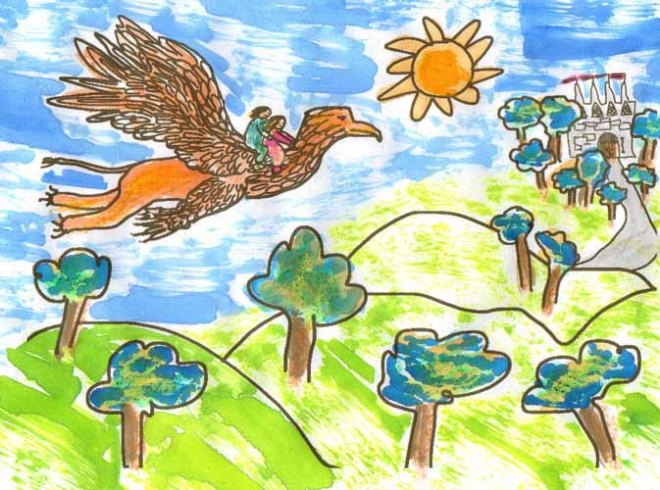 the prince and the lady fly home on a griffin