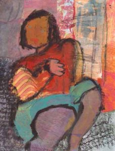 A seated girl wearing red and blue