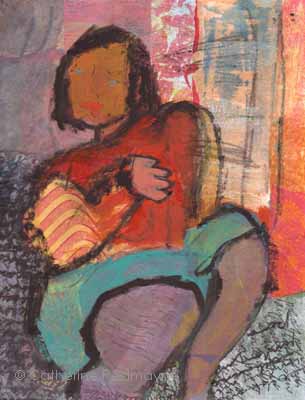 A seated girl wearing red and blue