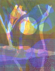 Coloured beams play over the ground and trees on this monoprint.