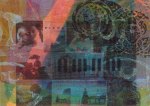 ATC featuring The Piano. Collaged elements on a monotype base.