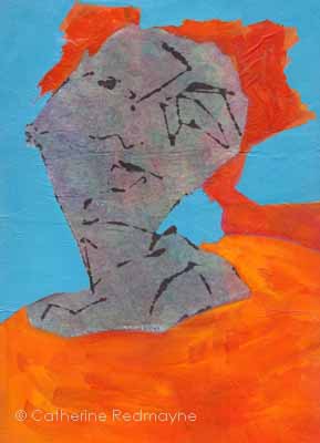 head of woman with orange dress on blue background