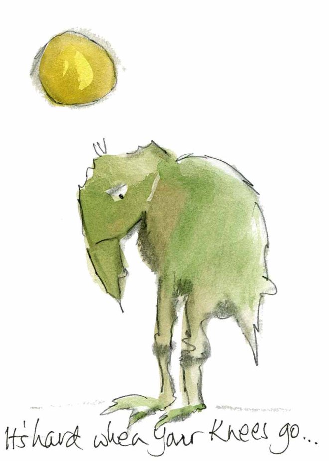 aging bird with knee problem by catherine redmayne for etsy shop