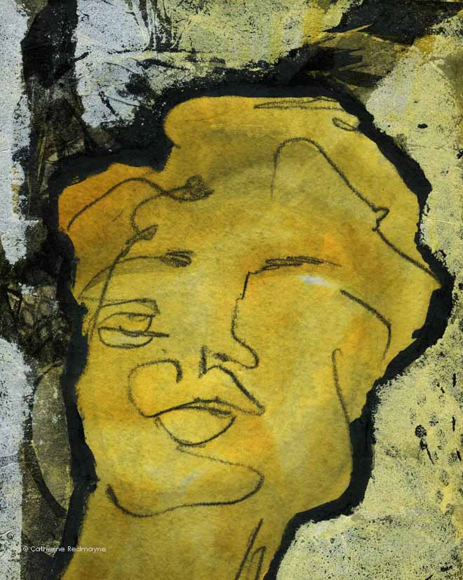 Experimental painting of a man's face with a monotype drawing mounted on a textured background by Catherine Redmayne