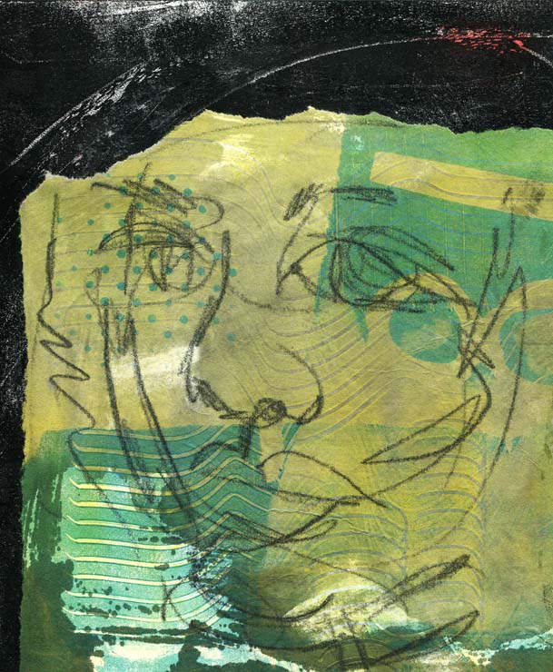 An expressive portrait of a woman. Collage with drawing and pattern on black background.