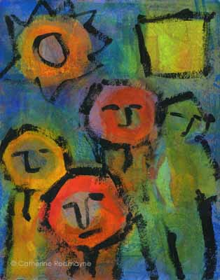 stylised folk with boulders for heads - goes with picture entitled Boulder Bash