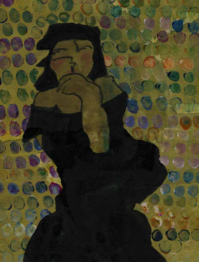 voluptuous woman in black against multicoloured fingerprint background