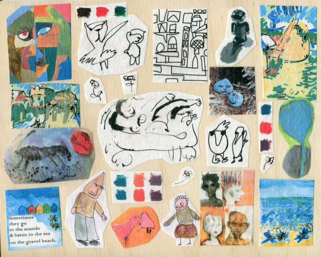 beginning a collage of items from lessons in Year of the Spark with Carla Sonheim