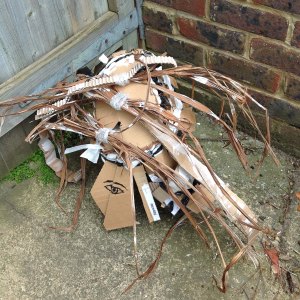 a woven structure of a head which has morphed into a spider