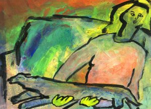 seated woman with pet mixed media