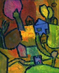 a quirky landscape by Catherine Redmayne featuring a blue house