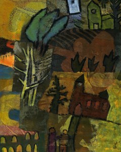 Two figures stand in front of a country scene. Typical lopsided landscape by Catherine Redmayne for RWS