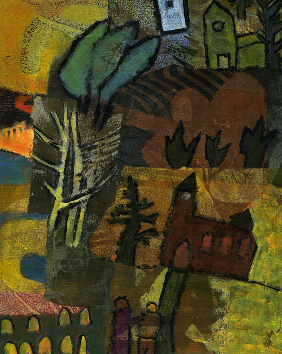 Two figures stand in front of a country scene. Typical lopsided landscape by Catherine Redmayne for RWS