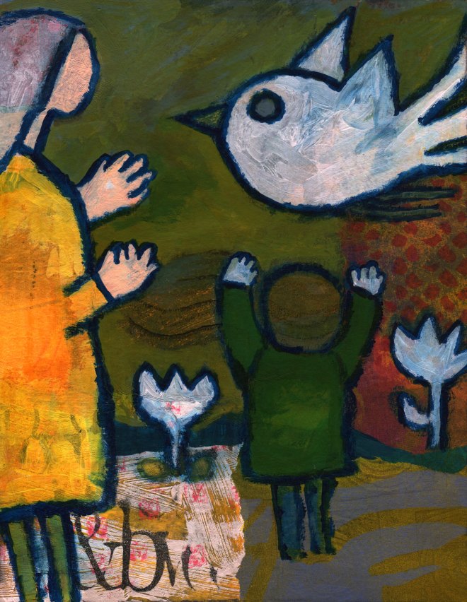 mother, child and very large bird by Catherine Redmayne